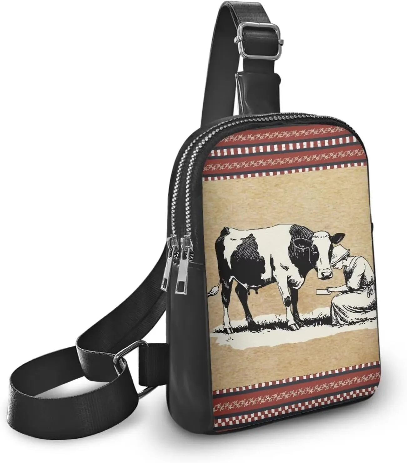 Vintage Farm Girl Print Sling Belt Bag for Women, Farmland Milk Cow Printed Zipper Mini Everywhere Crossbody Sling Phone Purse, Khaki PU Leather Fanny Pack for Travel