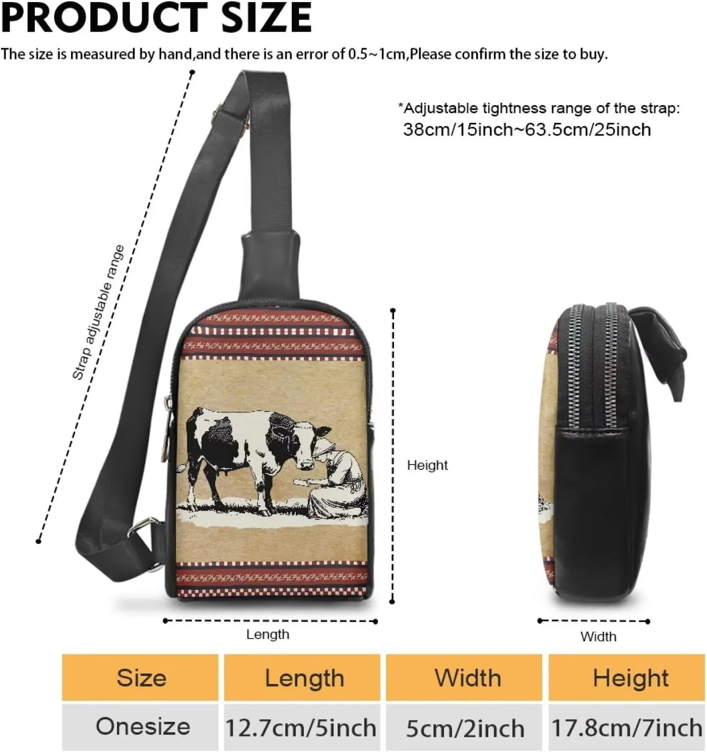 Vintage Farm Girl Print Sling Belt Bag for Women, Farmland Milk Cow Printed Zipper Mini Everywhere Crossbody Sling Phone Purse, Khaki PU Leather Fanny Pack for Travel