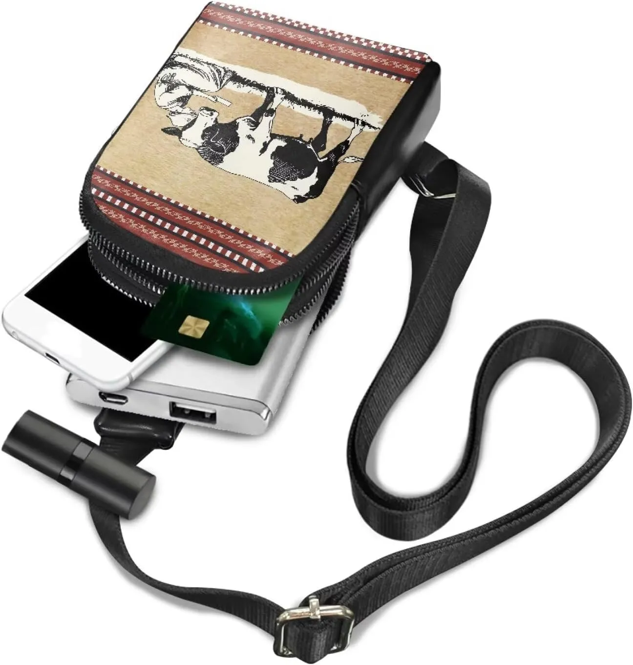 Vintage Farm Girl Print Sling Belt Bag for Women, Farmland Milk Cow Printed Zipper Mini Everywhere Crossbody Sling Phone Purse, Khaki PU Leather Fanny Pack for Travel