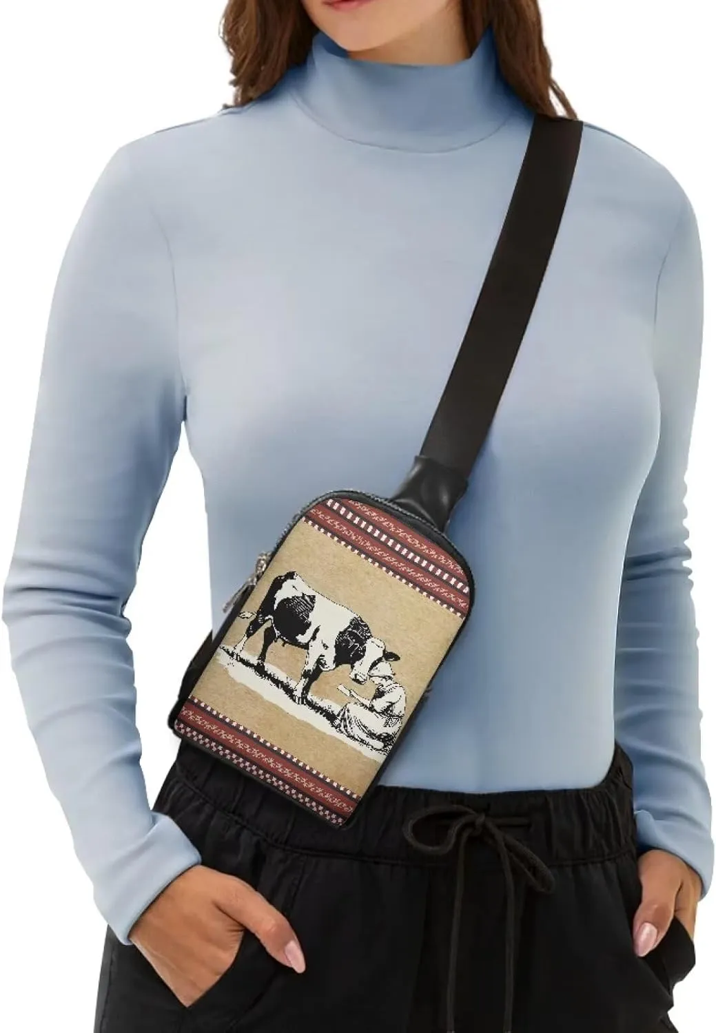 Vintage Farm Girl Print Sling Belt Bag for Women, Farmland Milk Cow Printed Zipper Mini Everywhere Crossbody Sling Phone Purse, Khaki PU Leather Fanny Pack for Travel