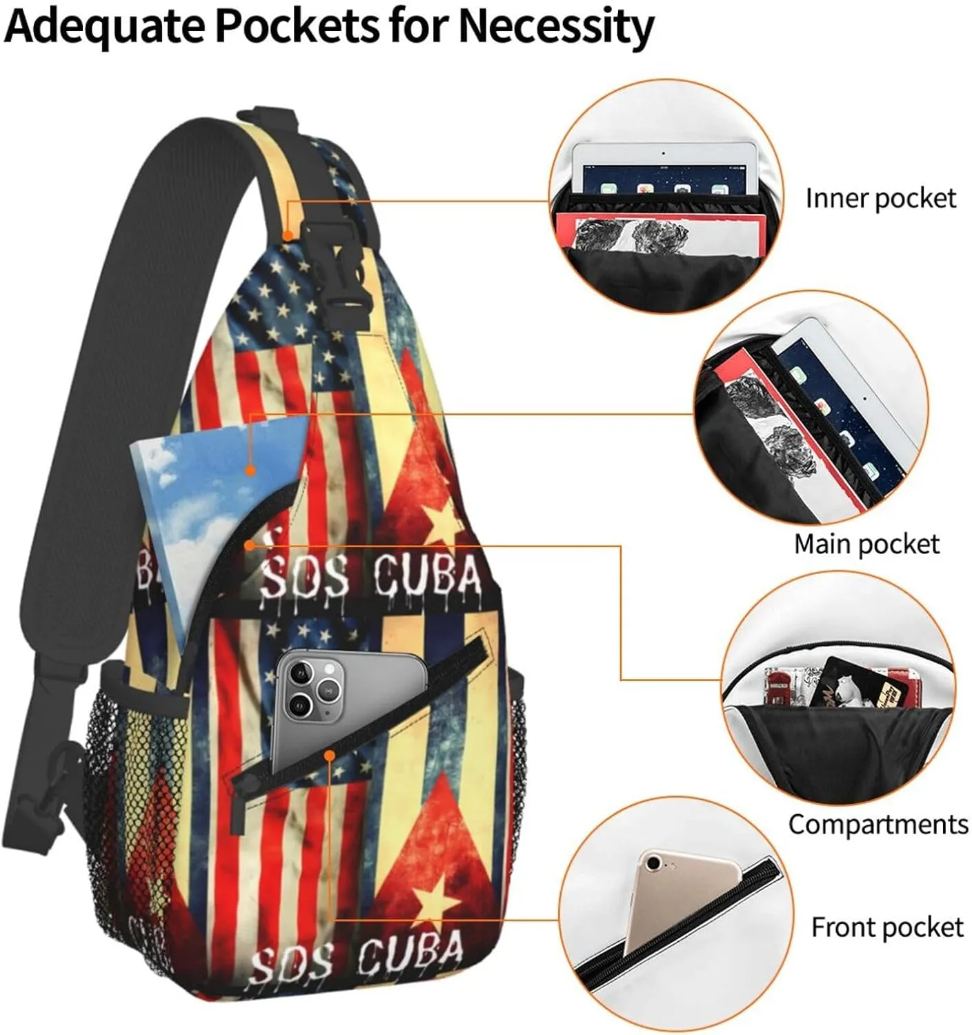 Vintage Half American Cuban Flag Sos Cuba Chest Sling Bag Crossbody Shoulder Backpack Bag Gym Cycling Travel Hiking Daypack Cross Bag