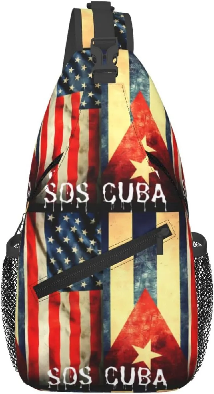 Vintage Half American Cuban Flag Sos Cuba Chest Sling Bag Crossbody Shoulder Backpack Bag Gym Cycling Travel Hiking Daypack Cross Bag