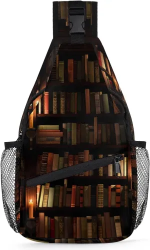 Vintage Library Bookshelf Sling Bag for Women Men Crossbody Sling Backpack Shoulder Bag Chest Bag Daypack for Travel Hiking Outdoor