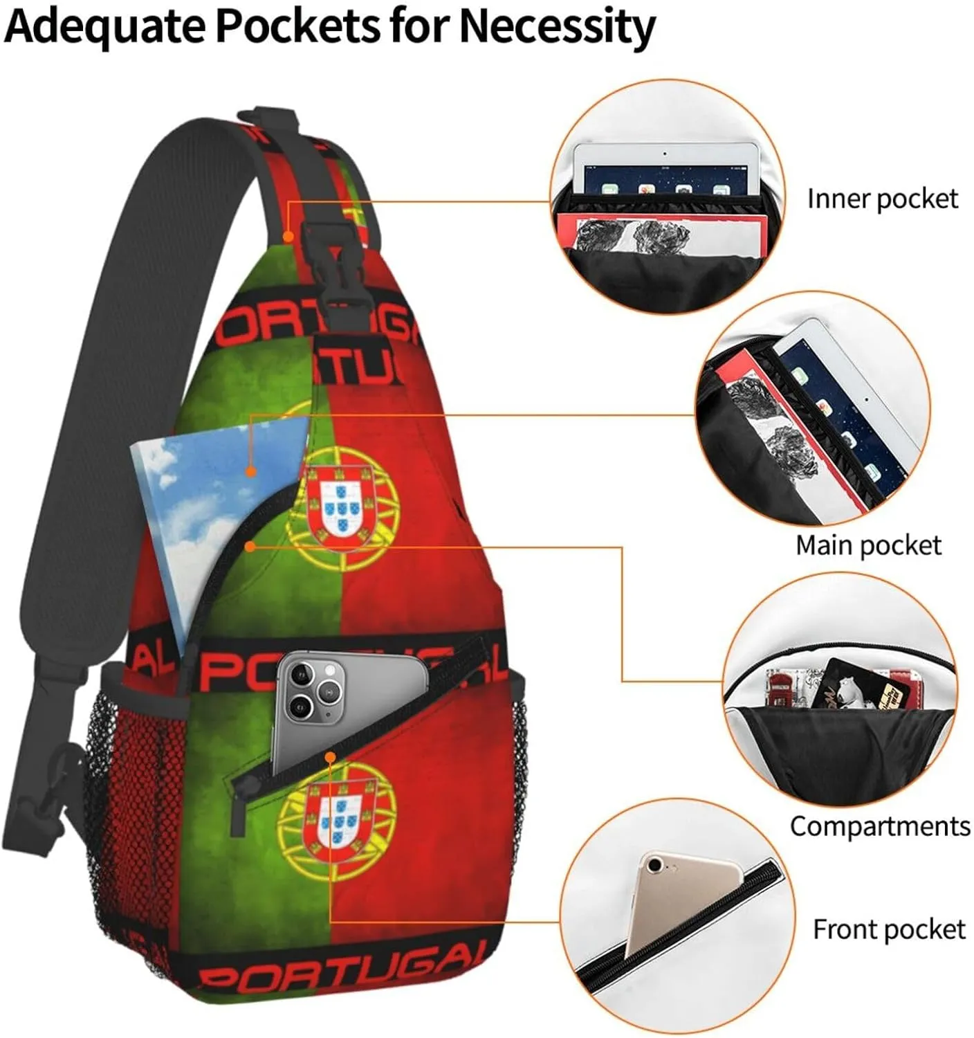 Vintage Portugal Portuguese Flag Chest Sling Bag Crossbody Shoulder Backpack Bag Gym Cycling Daypack Travel Hiking Cross Bag