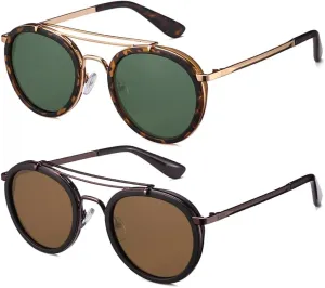 Vintage Steampunk Double Bridge Round Polarized Sunglasses Designer Metal Frame For Women Men