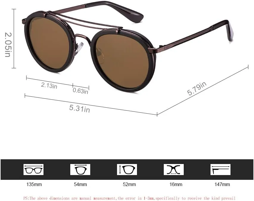 Vintage Steampunk Double Bridge Round Polarized Sunglasses Designer Metal Frame For Women Men