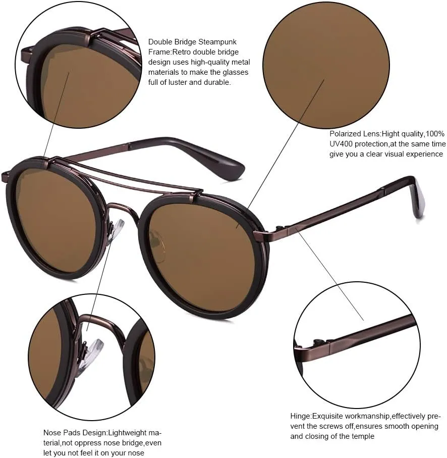 Vintage Steampunk Double Bridge Round Polarized Sunglasses Designer Metal Frame For Women Men