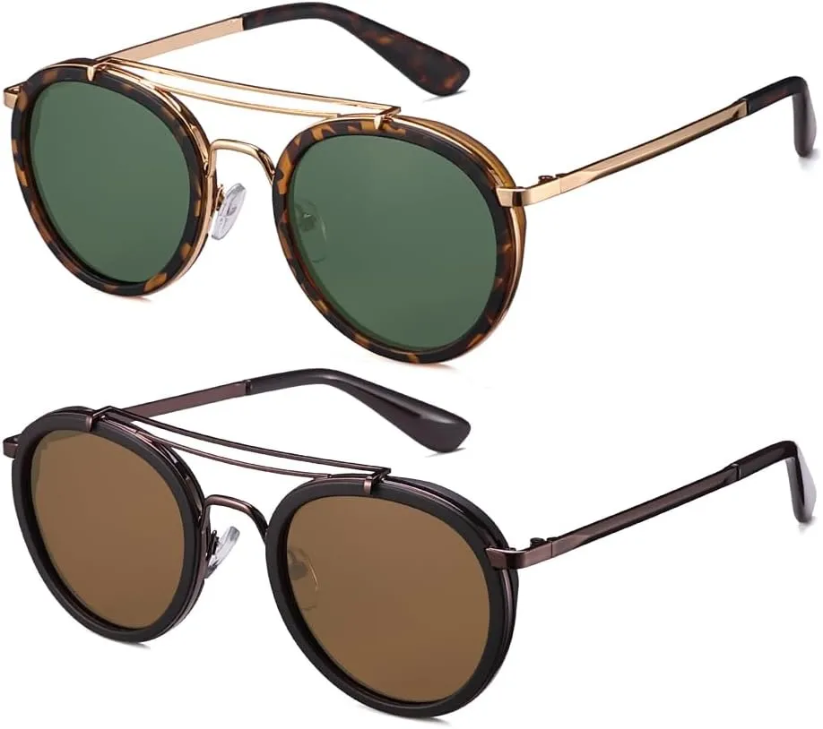Vintage Steampunk Double Bridge Round Polarized Sunglasses Designer Metal Frame For Women Men