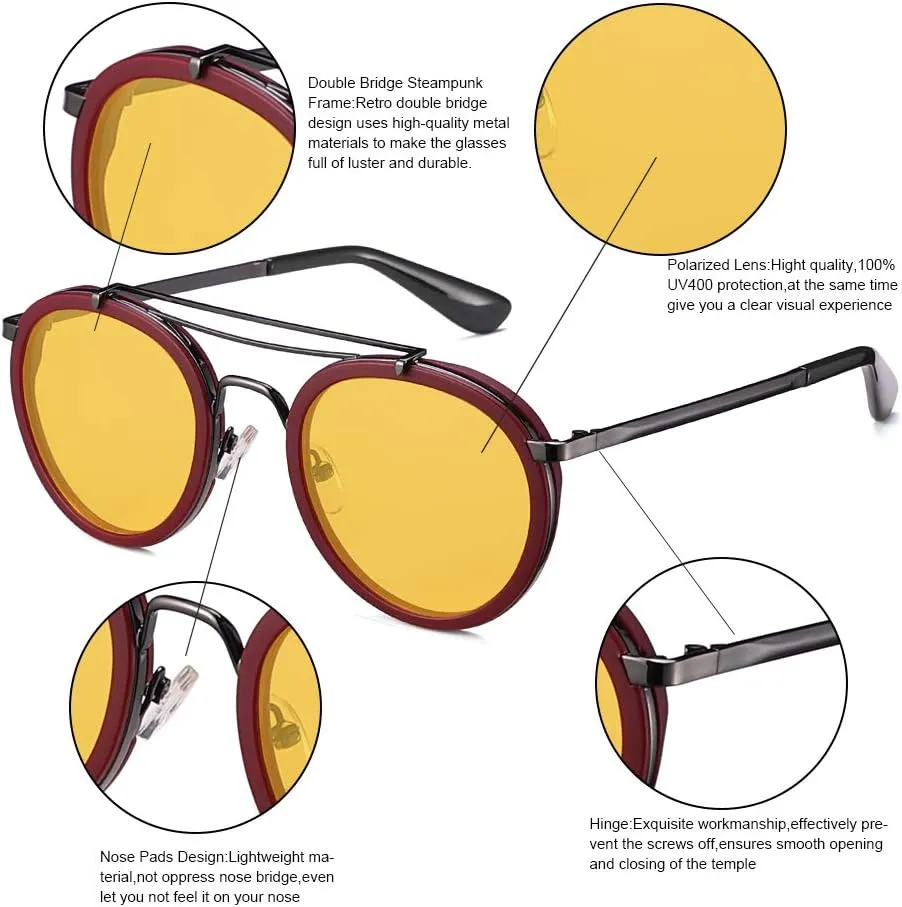 Vintage Steampunk Double Bridge Round Polarized Sunglasses Designer Metal Frame For Women Men