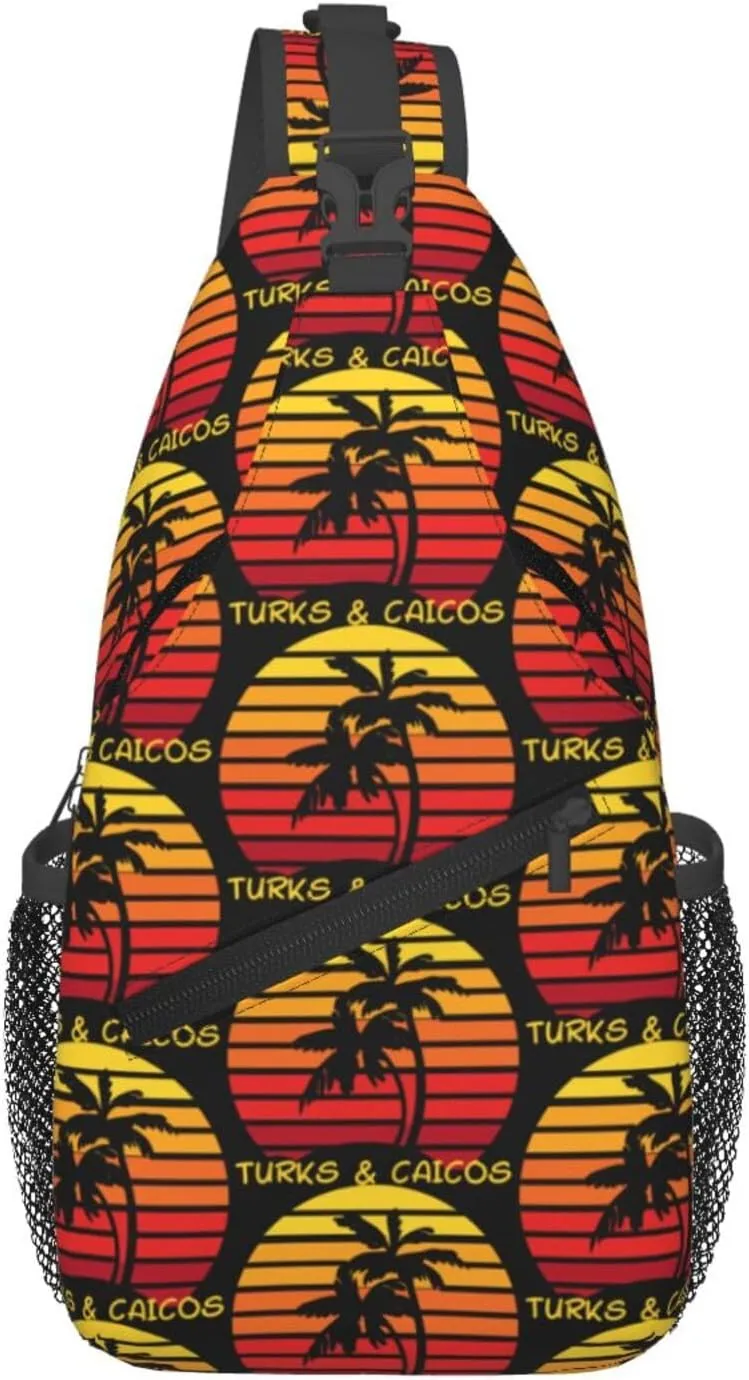 Vintage Turks And Caicos Islands Flag Sunset Ocean Chest Sling Bag Crossbody Shoulder Backpack Bag Gym Cycling Travel Hiking Daypack Cross Bag