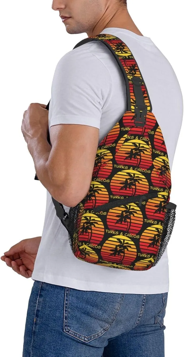 Vintage Turks And Caicos Islands Flag Sunset Ocean Chest Sling Bag Crossbody Shoulder Backpack Bag Gym Cycling Travel Hiking Daypack Cross Bag