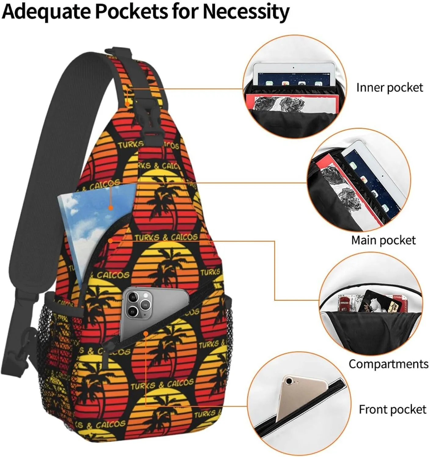 Vintage Turks And Caicos Islands Flag Sunset Ocean Chest Sling Bag Crossbody Shoulder Backpack Bag Gym Cycling Travel Hiking Daypack Cross Bag