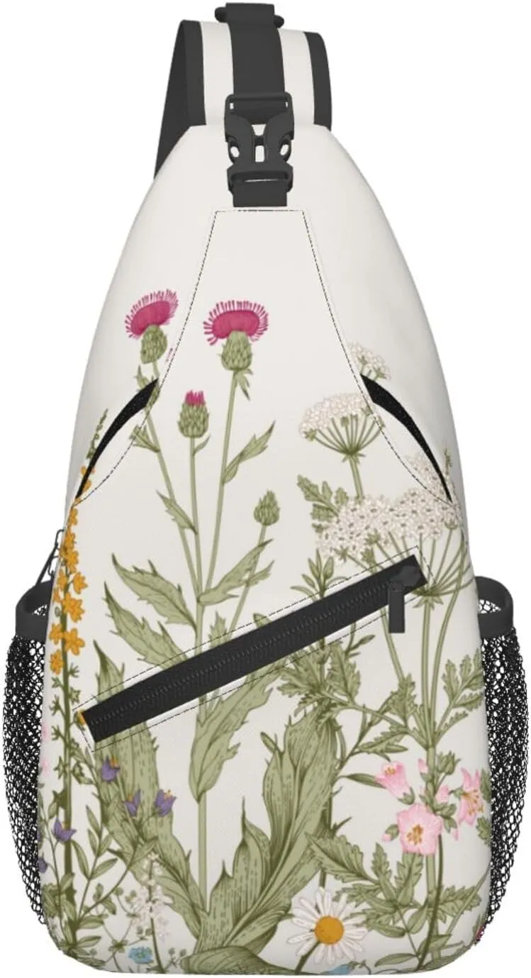Vintage Wildflower Sling Bag Crossbody Backpack,Retro Botanical Flower Plant Herbs Sage Green Leaves Chest Bag Casual Shoulder Backpack Cute Floral Print Travel Hiking Daypack for Women Men