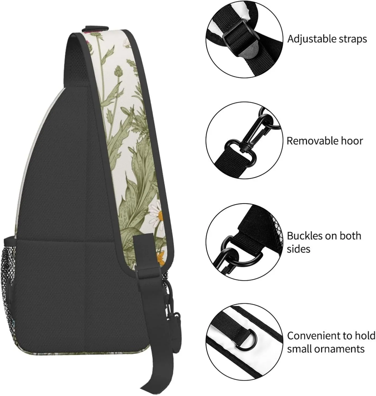 Vintage Wildflower Sling Bag Crossbody Backpack,Retro Botanical Flower Plant Herbs Sage Green Leaves Chest Bag Casual Shoulder Backpack Cute Floral Print Travel Hiking Daypack for Women Men