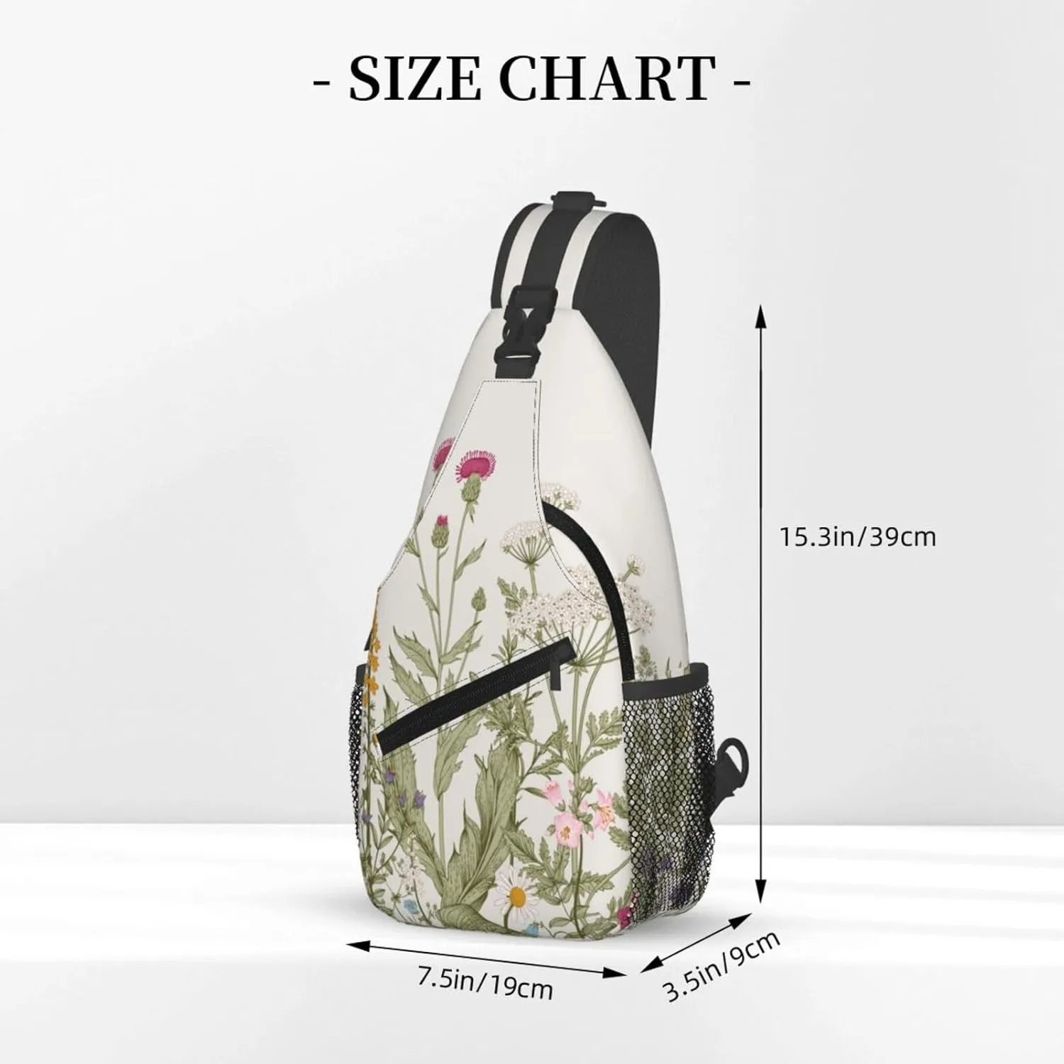 Vintage Wildflower Sling Bag Crossbody Backpack,Retro Botanical Flower Plant Herbs Sage Green Leaves Chest Bag Casual Shoulder Backpack Cute Floral Print Travel Hiking Daypack for Women Men