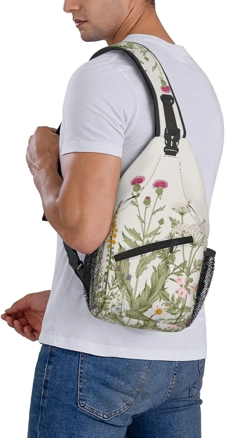 Vintage Wildflower Sling Bag Crossbody Backpack,Retro Botanical Flower Plant Herbs Sage Green Leaves Chest Bag Casual Shoulder Backpack Cute Floral Print Travel Hiking Daypack for Women Men