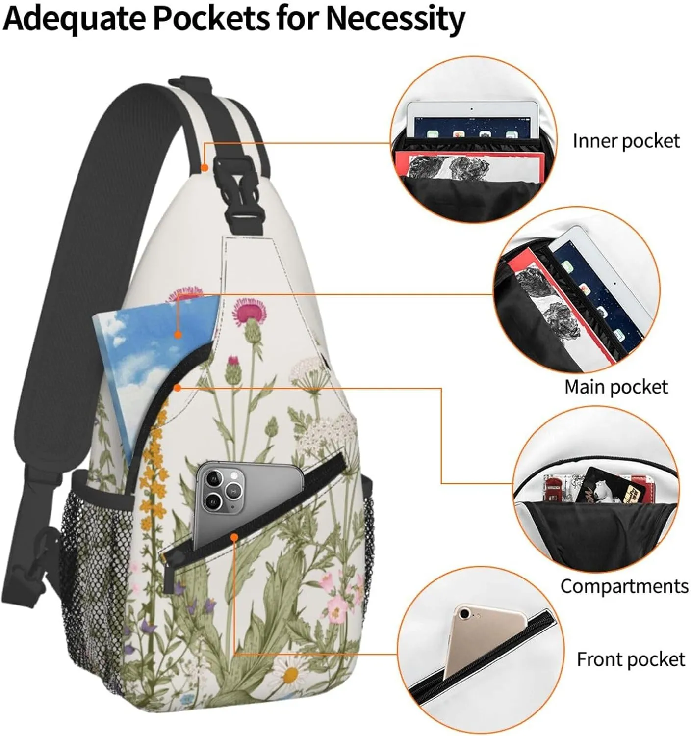 Vintage Wildflower Sling Bag Crossbody Backpack,Retro Botanical Flower Plant Herbs Sage Green Leaves Chest Bag Casual Shoulder Backpack Cute Floral Print Travel Hiking Daypack for Women Men
