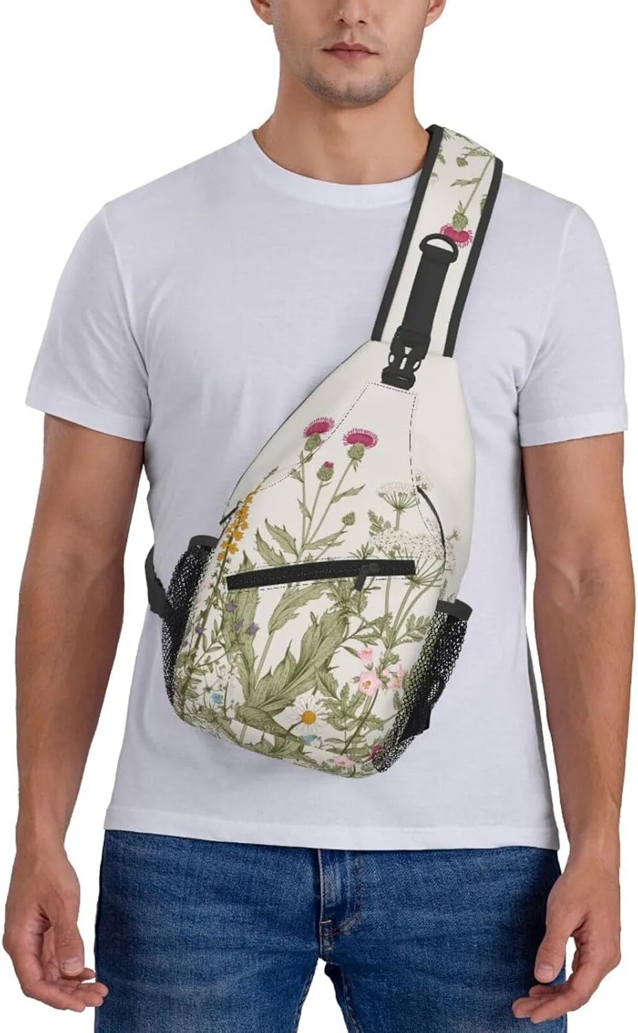 Vintage Wildflower Sling Bag Crossbody Backpack,Retro Botanical Flower Plant Herbs Sage Green Leaves Chest Bag Casual Shoulder Backpack Cute Floral Print Travel Hiking Daypack for Women Men