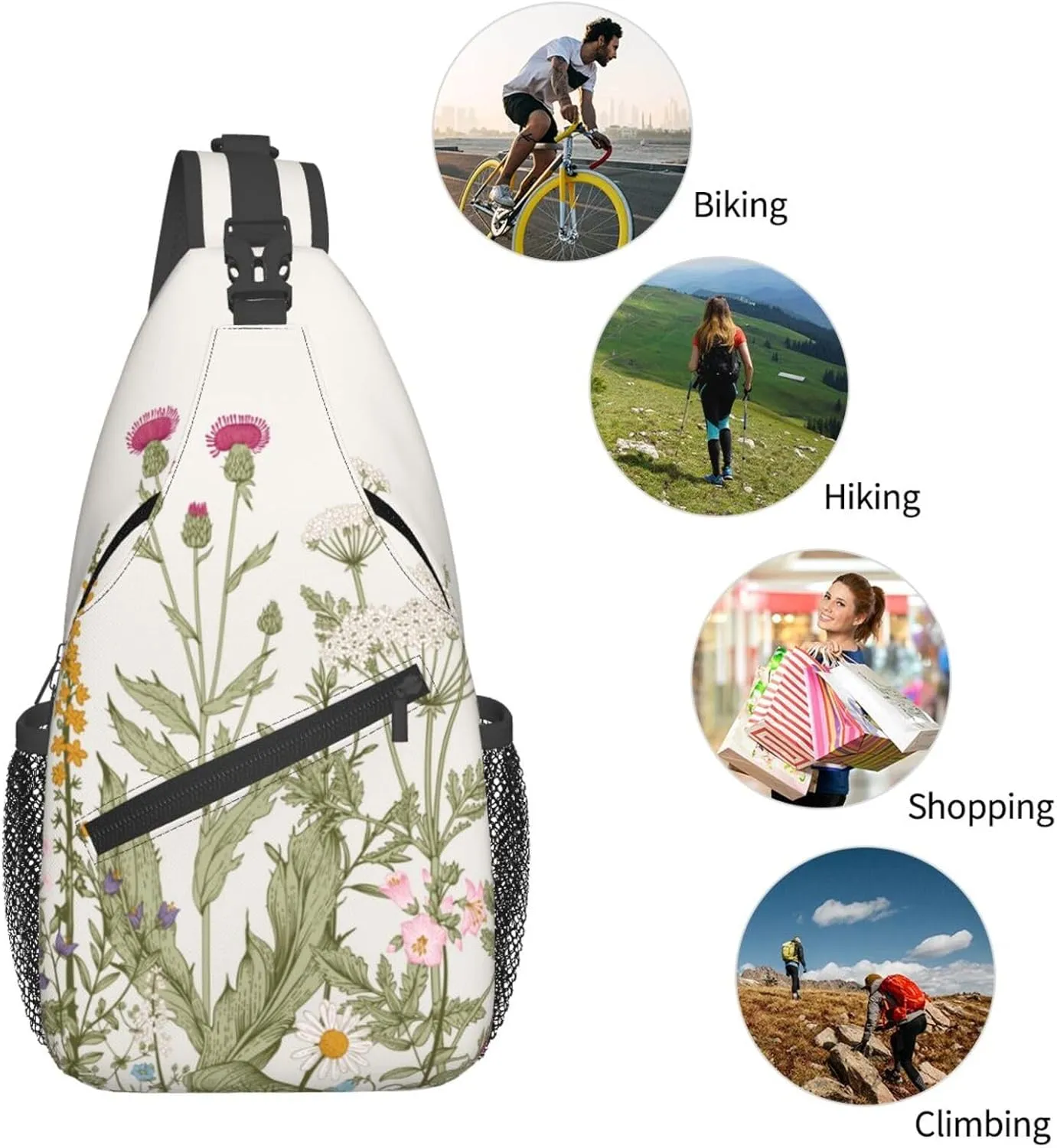 Vintage Wildflower Sling Bag Crossbody Backpack,Retro Botanical Flower Plant Herbs Sage Green Leaves Chest Bag Casual Shoulder Backpack Cute Floral Print Travel Hiking Daypack for Women Men
