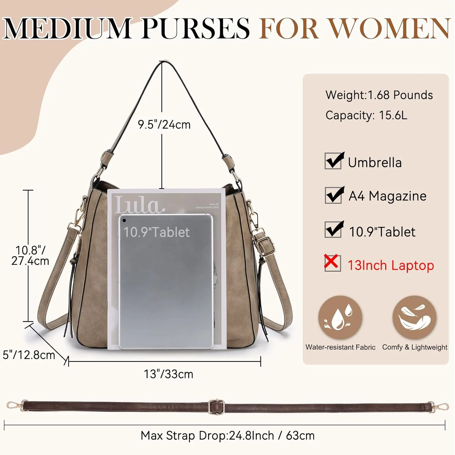 VX VONXURY Hobo Bags for Women, Faux Leather Tote Purse Ladies Handbag Medium Shoulder Bags with Side Pockets for Work Travel