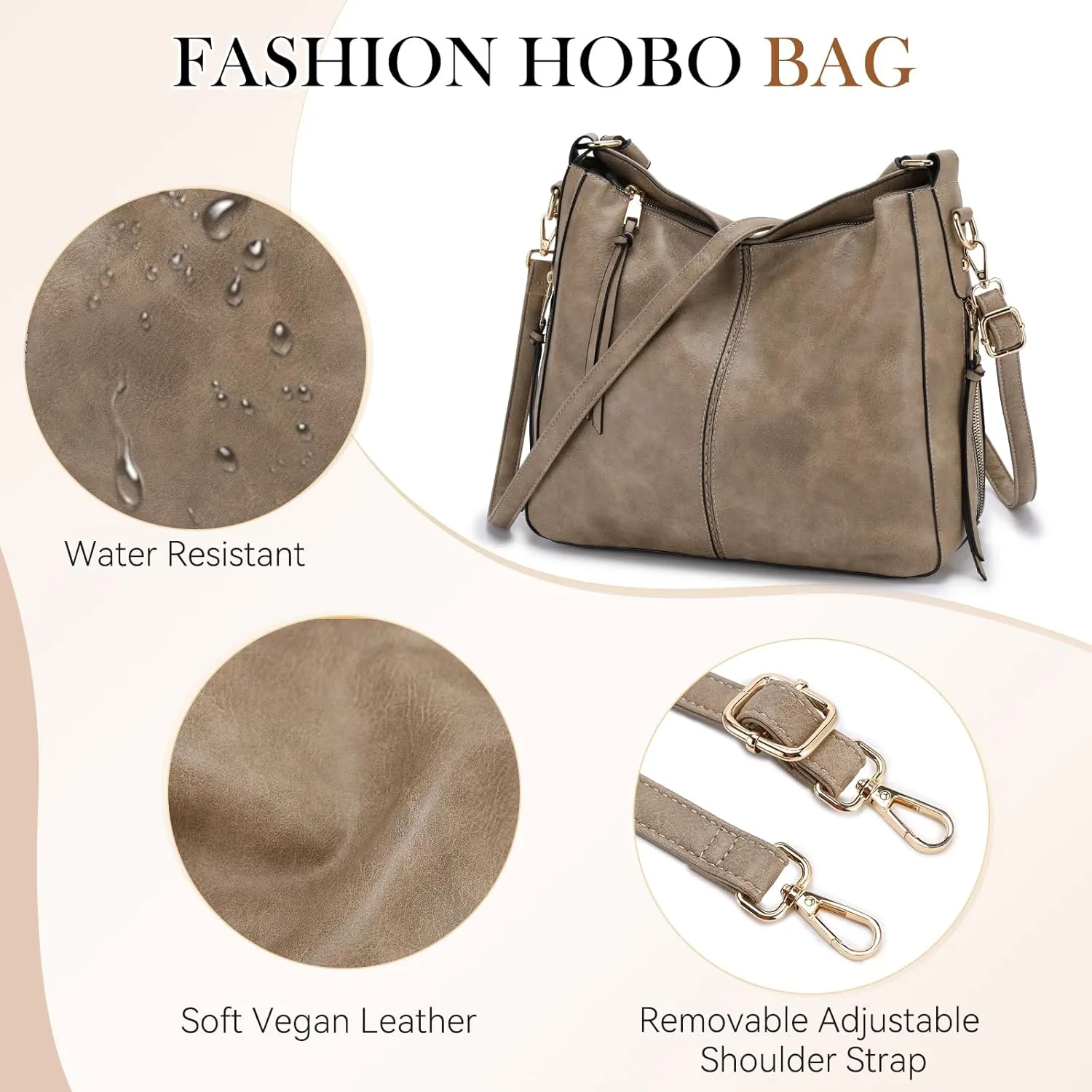 VX VONXURY Hobo Bags for Women, Faux Leather Tote Purse Ladies Handbag Medium Shoulder Bags with Side Pockets for Work Travel