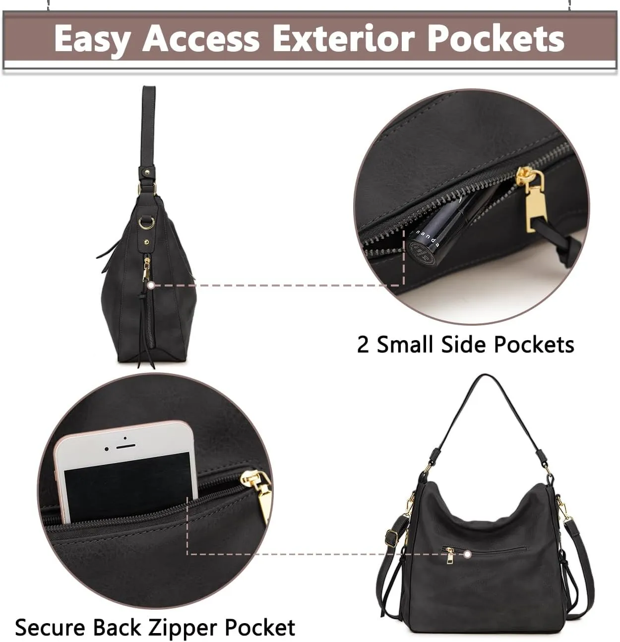 VX VONXURY Hobo Bags for Women, Faux Leather Tote Purse Ladies Handbag Medium Shoulder Bags with Side Pockets for Work Travel