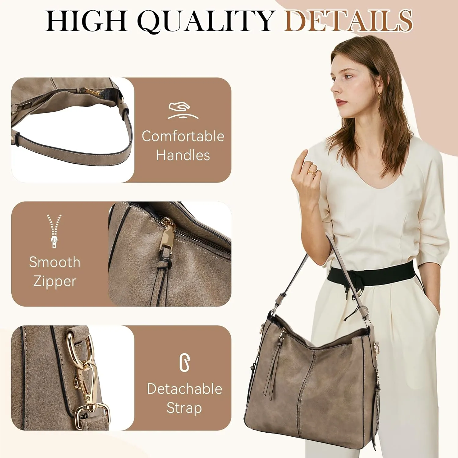 VX VONXURY Hobo Bags for Women, Faux Leather Tote Purse Ladies Handbag Medium Shoulder Bags with Side Pockets for Work Travel