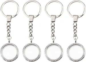 WANDIC Rhinestone Photo Charm Keychain, Round Memory Locket Key Chain Bridal Wedding Bouquet Charms for Photo or Decoration