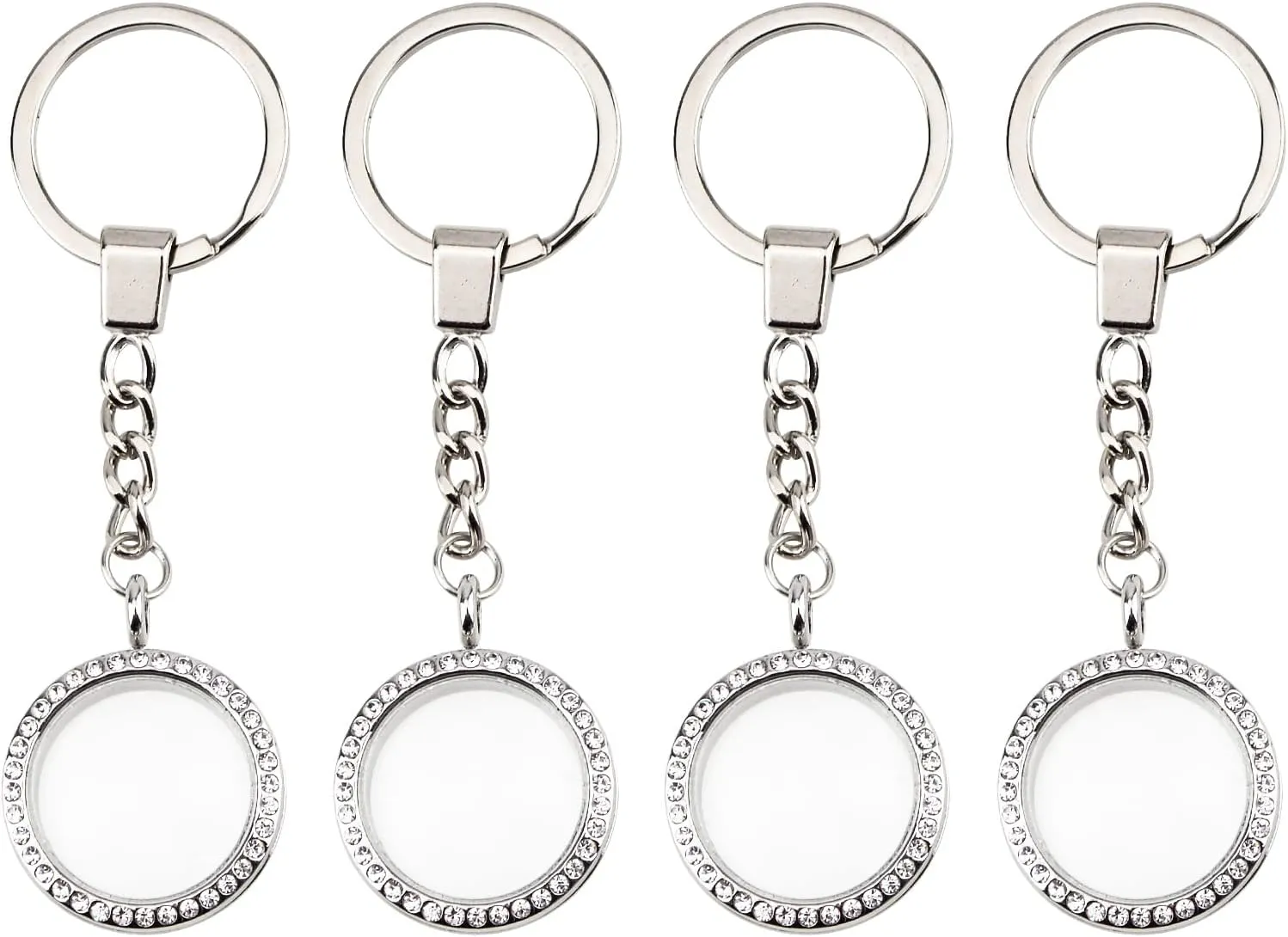 WANDIC Rhinestone Photo Charm Keychain, Round Memory Locket Key Chain Bridal Wedding Bouquet Charms for Photo or Decoration