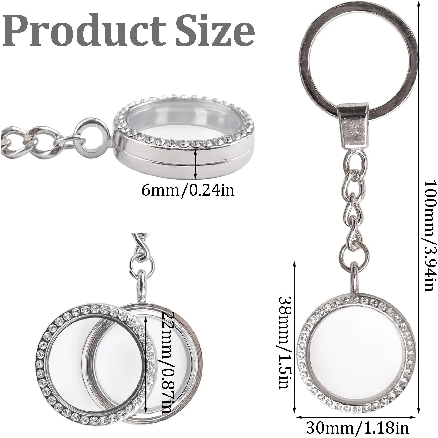 WANDIC Rhinestone Photo Charm Keychain, Round Memory Locket Key Chain Bridal Wedding Bouquet Charms for Photo or Decoration