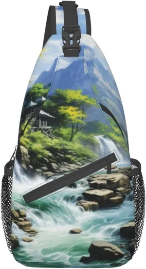 Waterfall Mountain Stream Sling Bag Crossbody Shoulder Backpack Casual Chest Bag Sport Travel Hiking Daypack For Women Men