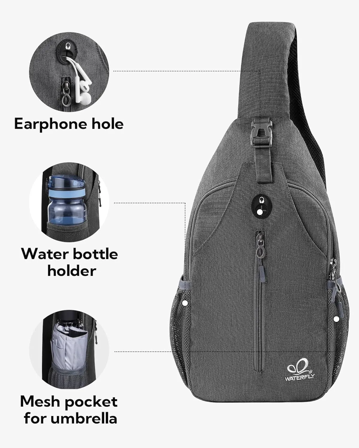 WATERFLY Small Hiking Sling Backpack: Crossbody Sling Bag Chest Bag Daypack for Men Women with Skin-Friendly Shoulder Strap