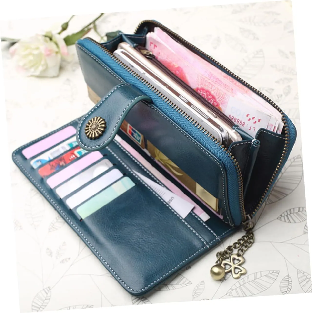 Waxed Leather Purse Shoulder Bag Multi-function Zipper Pouch Clutch for