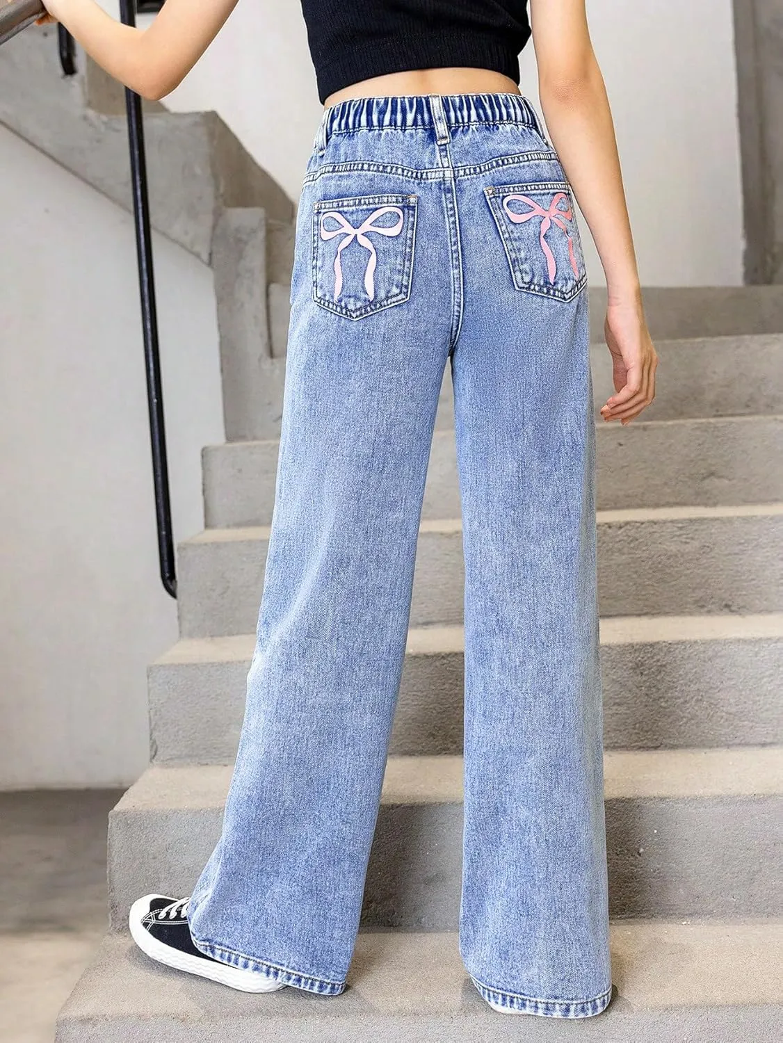 WDIRARA Girl's Bow Print Back Zipper Fly Elastic High Waist Denim Pants Basic Wide Leg Jeans