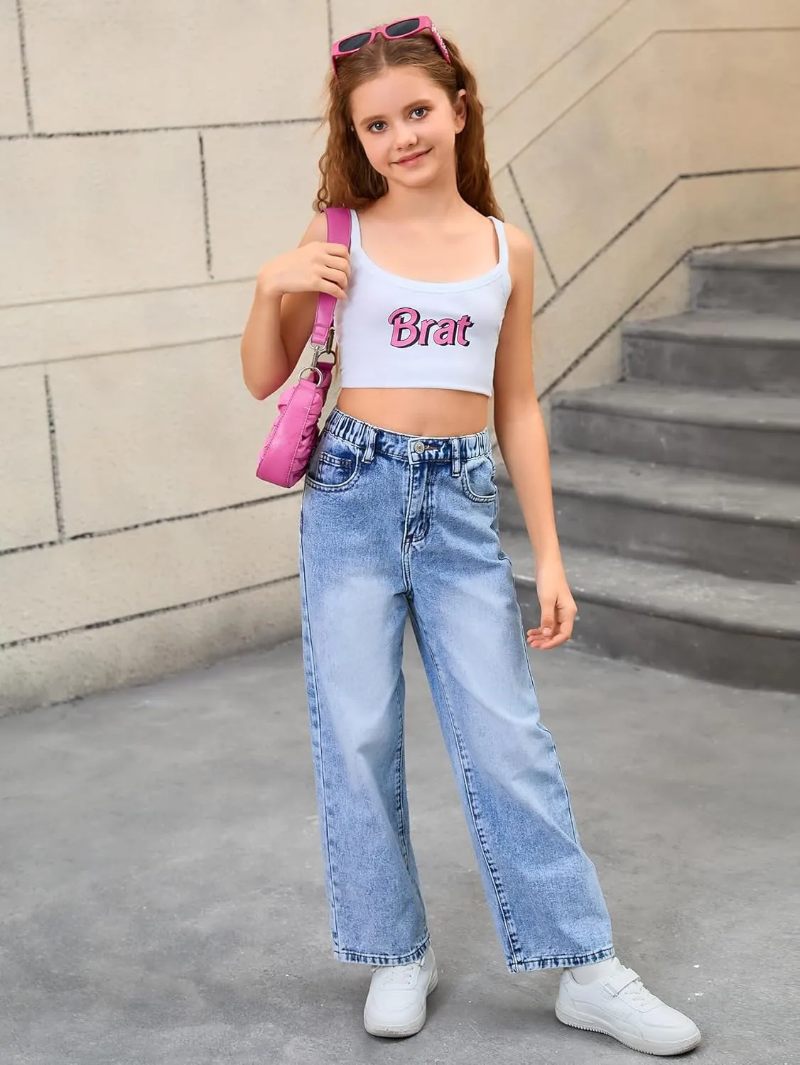 WDIRARA Girl's Bow Print Back Zipper Fly Elastic High Waist Denim Pants Basic Wide Leg Jeans