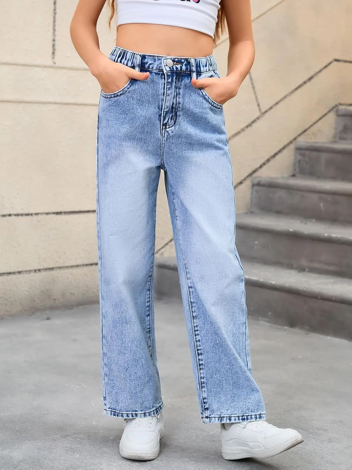 WDIRARA Girl's Bow Print Back Zipper Fly Elastic High Waist Denim Pants Basic Wide Leg Jeans