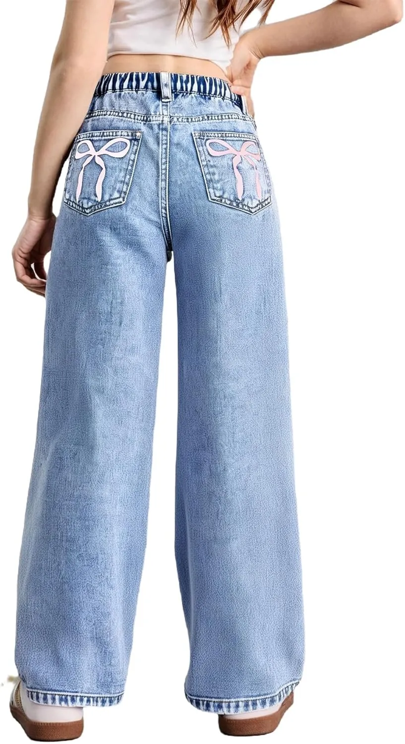 WDIRARA Girl's Bow Print Back Zipper Fly Elastic High Waist Denim Pants Basic Wide Leg Jeans