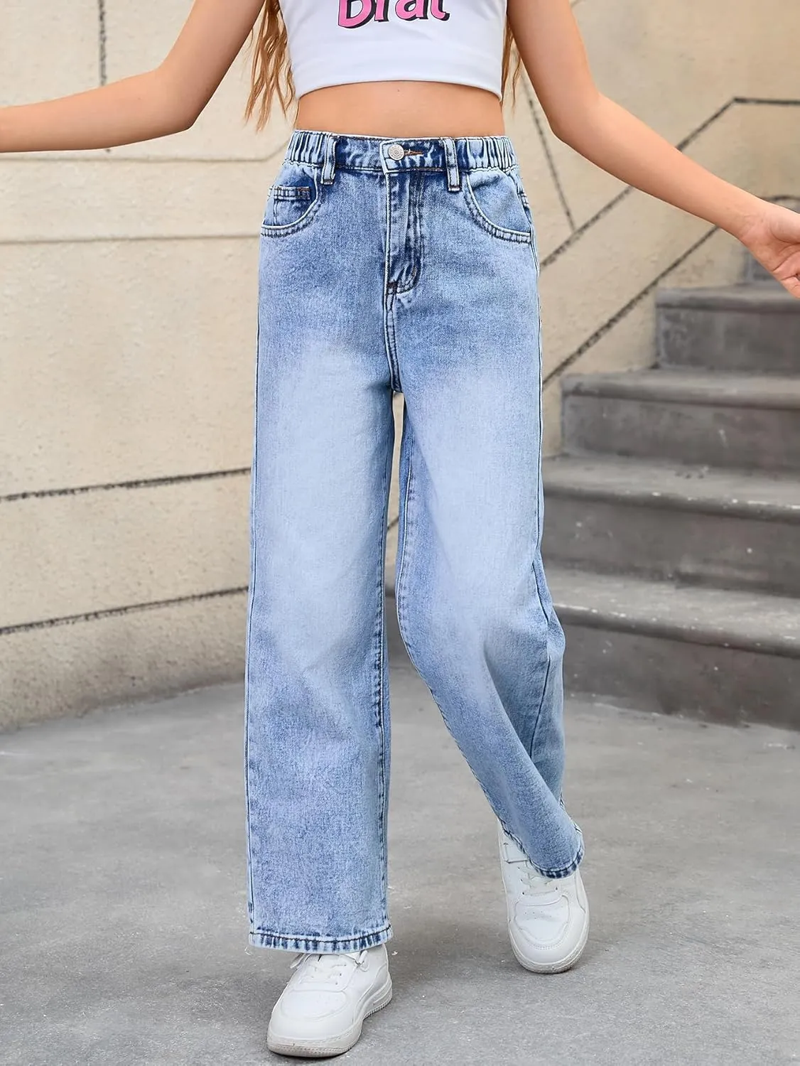 WDIRARA Girl's Bow Print Back Zipper Fly Elastic High Waist Denim Pants Basic Wide Leg Jeans