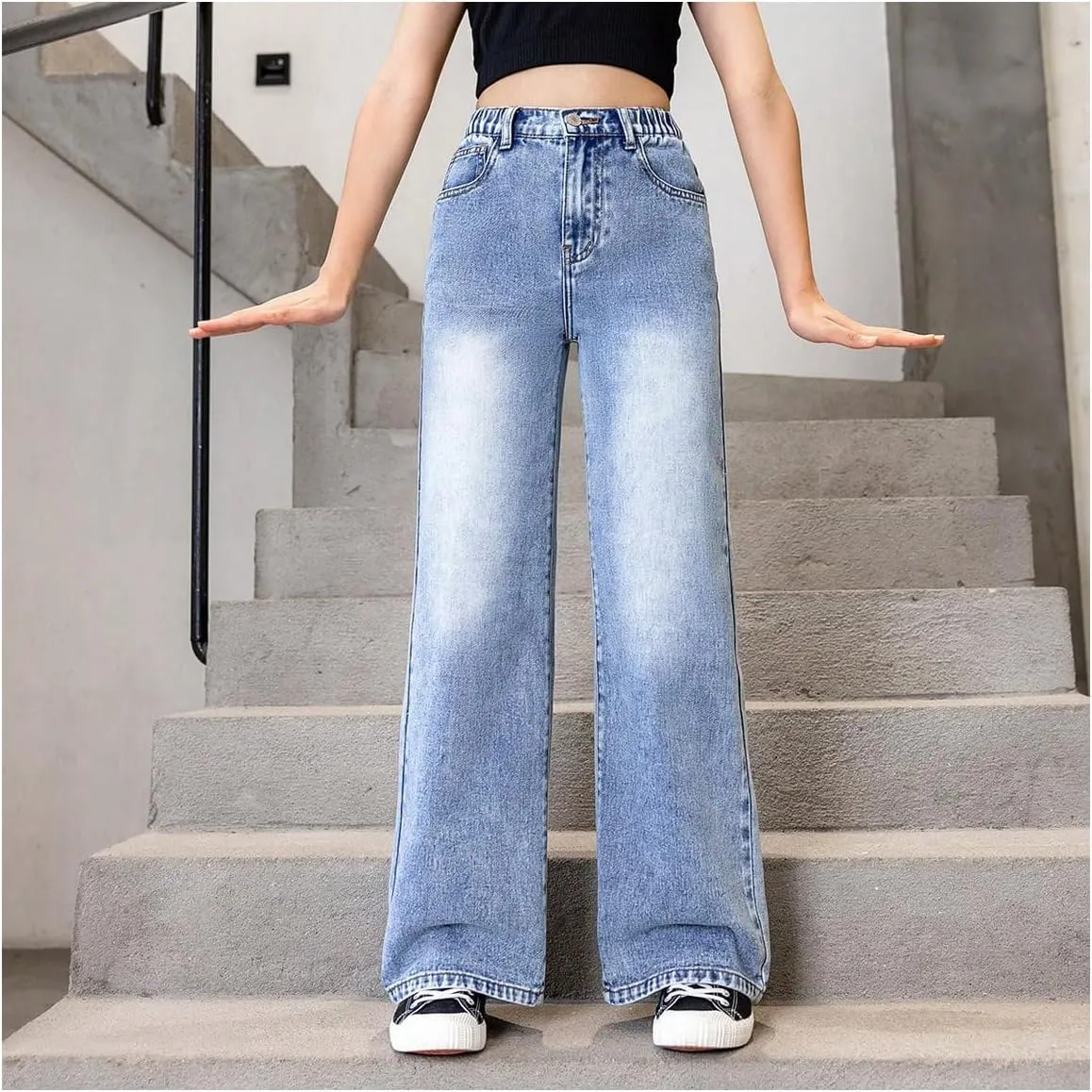 WDIRARA Girl's Bow Print Back Zipper Fly Elastic High Waist Denim Pants Basic Wide Leg Jeans