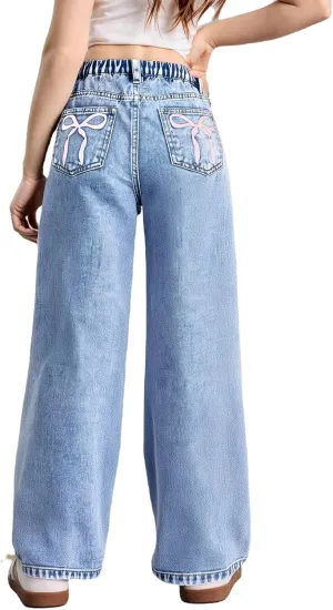 WDIRARA Girl's Bow Print Back Zipper Fly Elastic High Waist Denim Pants Basic Wide Leg Jeans