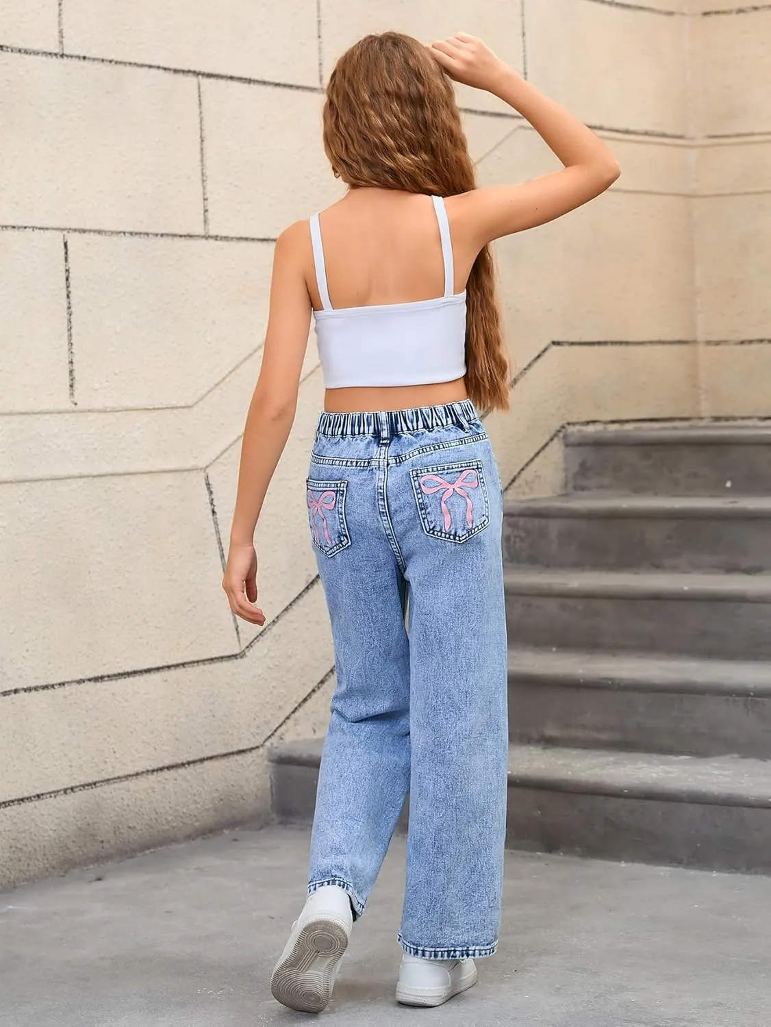 WDIRARA Girl's Bow Print Back Zipper Fly Elastic High Waist Denim Pants Basic Wide Leg Jeans
