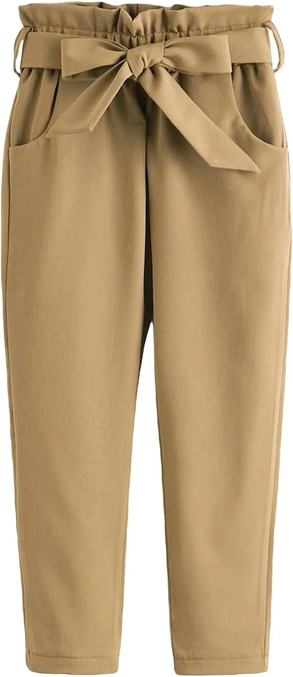 WDIRARA Girl's Paper Bag Waist Belted Pants Elastic Waist Pants with Pockets