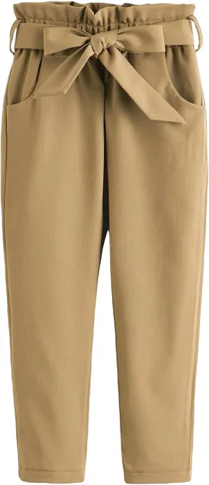 WDIRARA Girl's Paper Bag Waist Belted Pants Elastic Waist Pants with Pockets