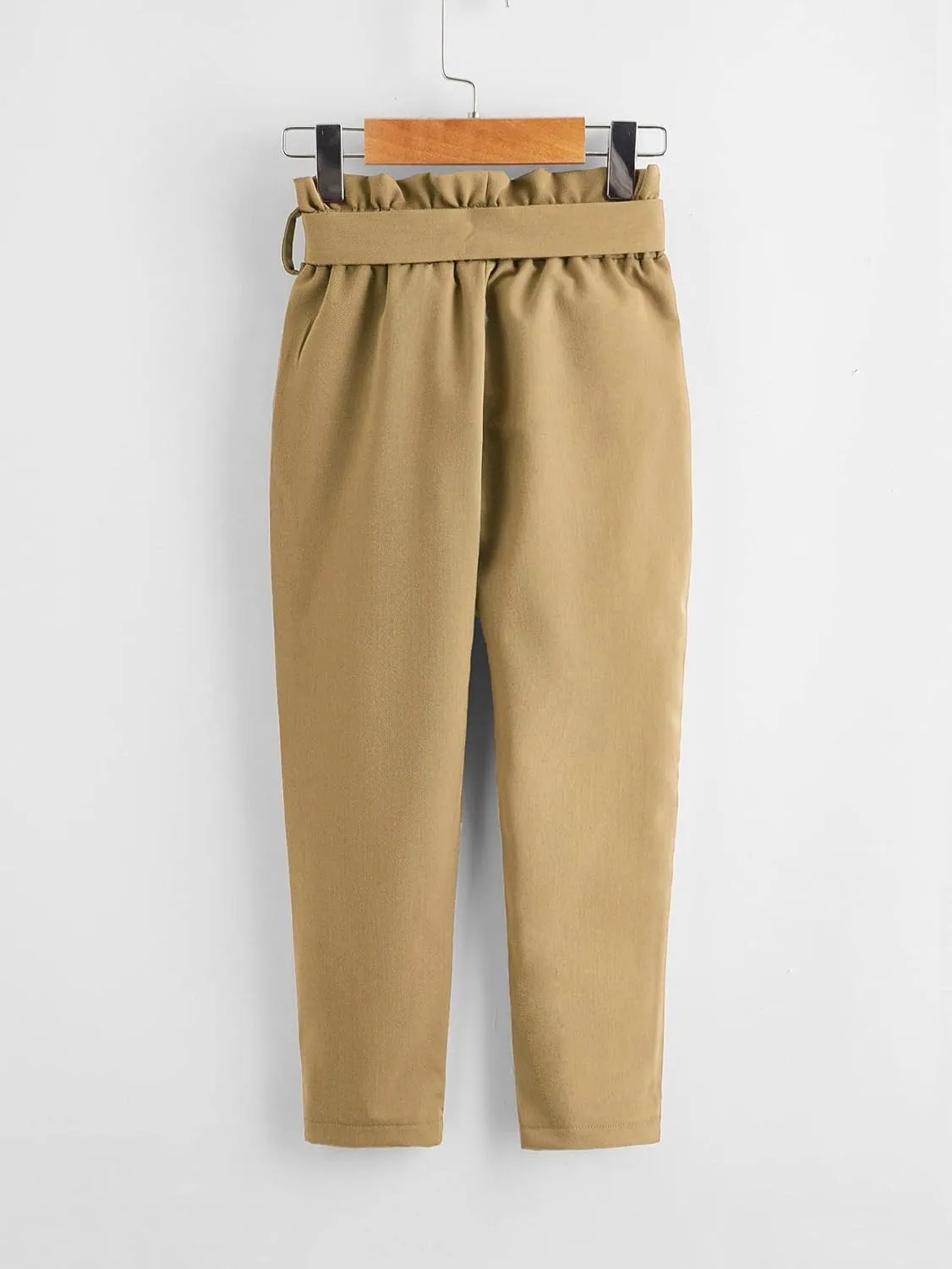 WDIRARA Girl's Paper Bag Waist Belted Pants Elastic Waist Pants with Pockets