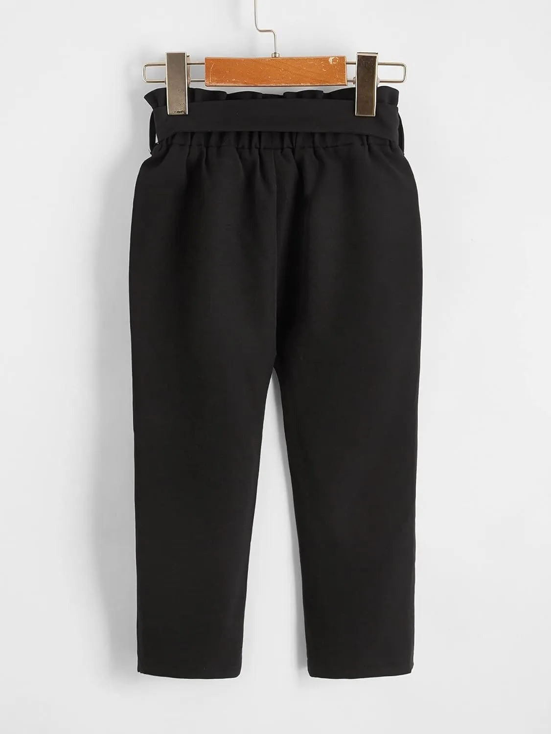WDIRARA Girl's Paper Bag Waist Belted Pants Elastic Waist Pants with Pockets