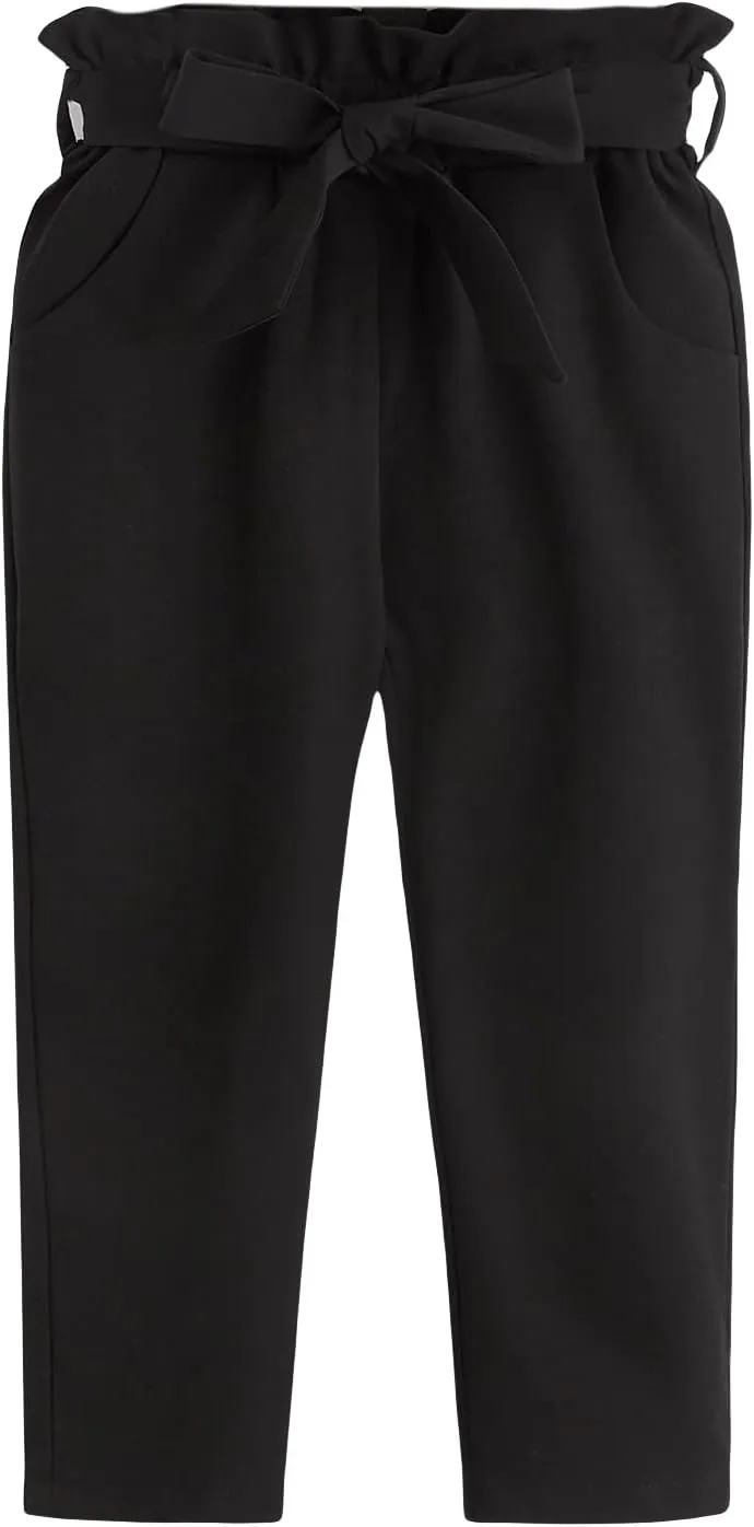 WDIRARA Girl's Paper Bag Waist Belted Pants Elastic Waist Pants with Pockets