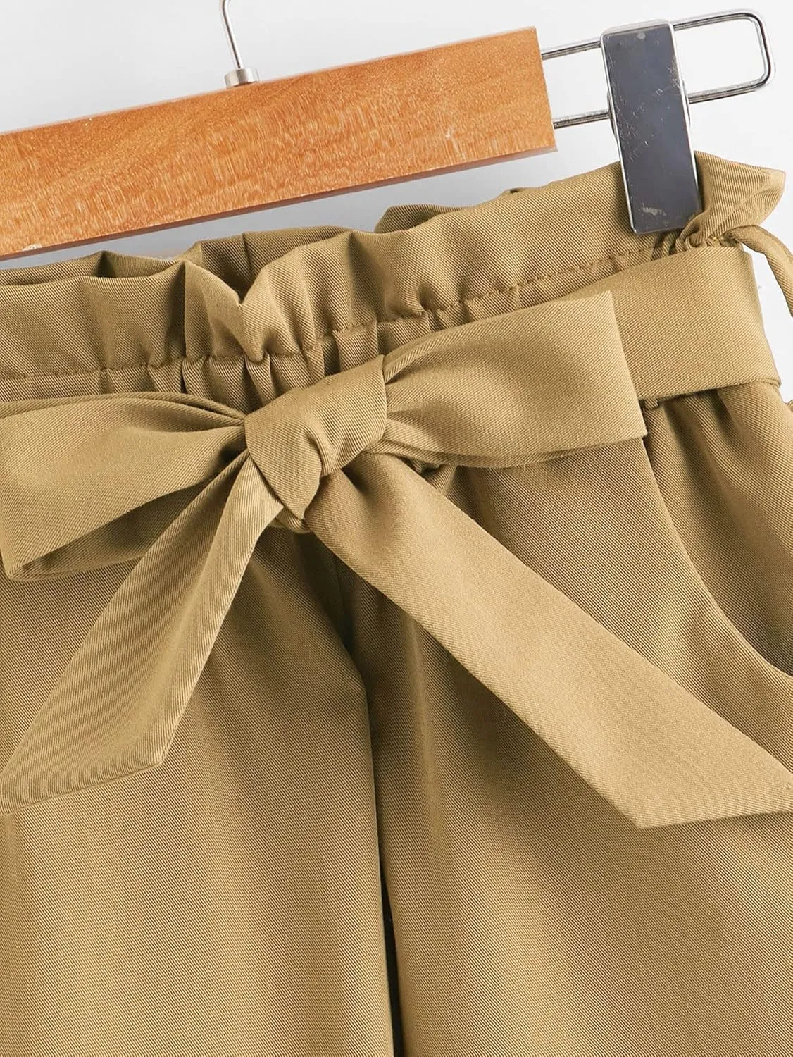 WDIRARA Girl's Paper Bag Waist Belted Pants Elastic Waist Pants with Pockets