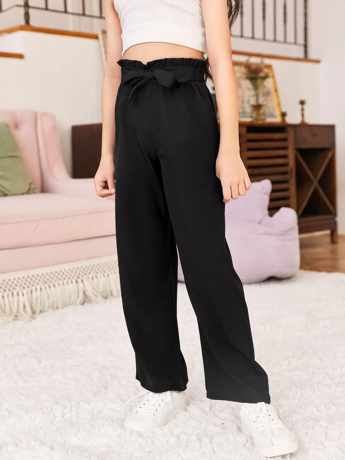 WDIRARA Girl's Paper Bag Waist Belted Wide Leg Pants Casual Elastic High Waist Pants