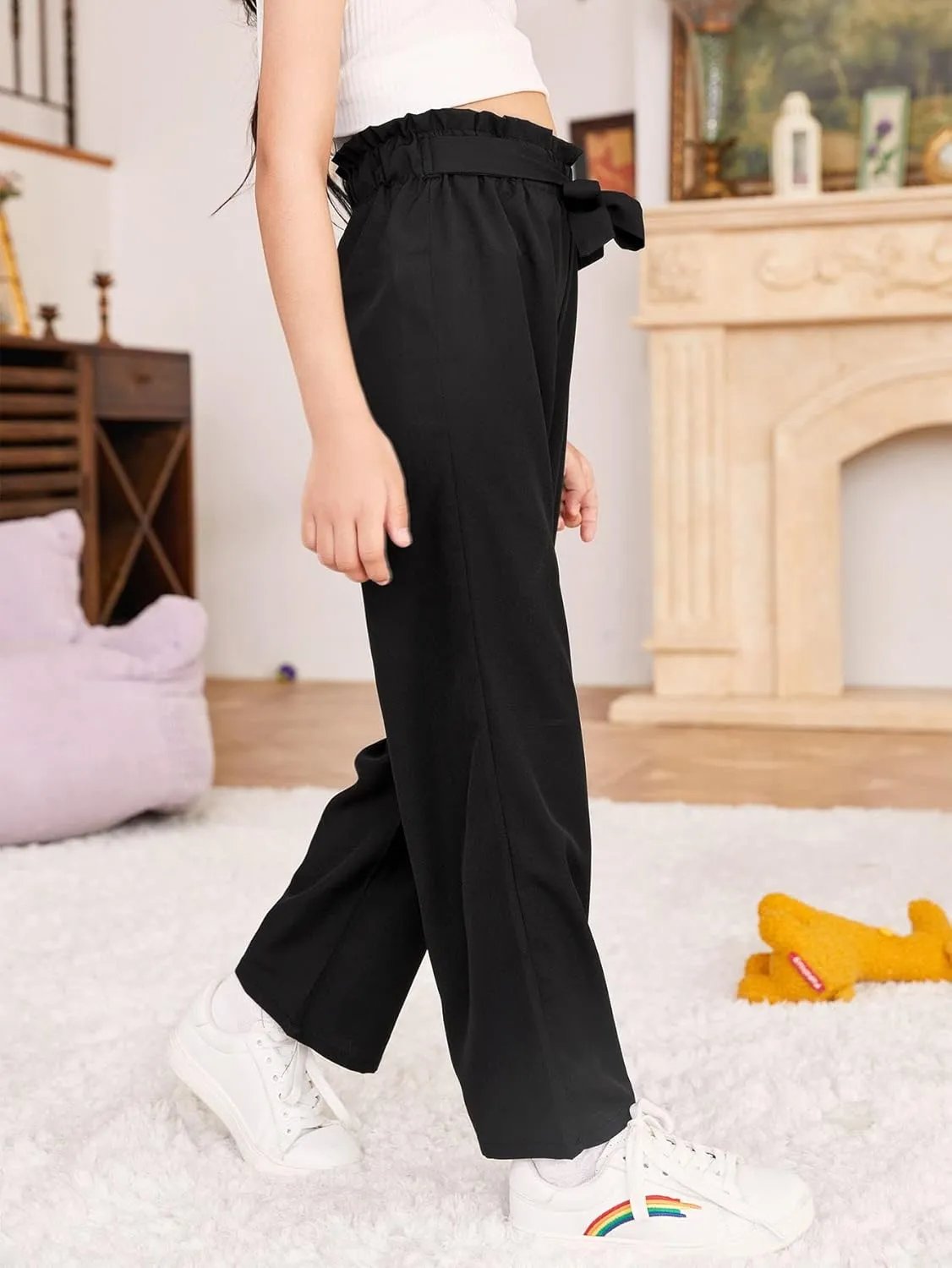 WDIRARA Girl's Paper Bag Waist Belted Wide Leg Pants Casual Elastic High Waist Pants
