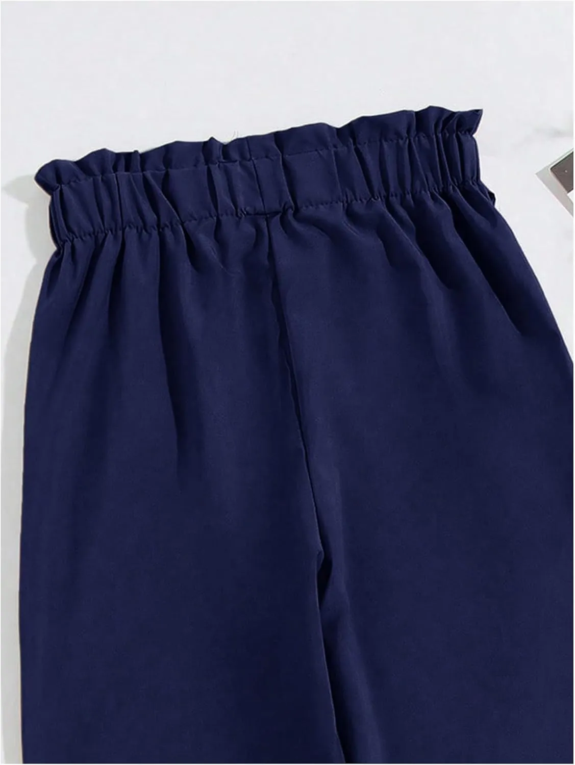 WDIRARA Girl's Paper Bag Waist Belted Wide Leg Pants Casual Elastic High Waist Pants